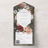 Boho Black Burgundy Fall Floral QR-Code All In One Einladung (Innen Boden)