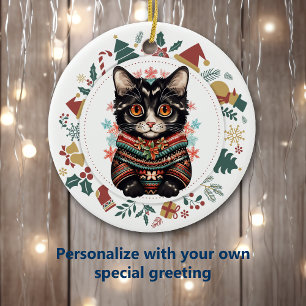 Boho Black Cat im Winter Sweater Christmas Keramik Ornament