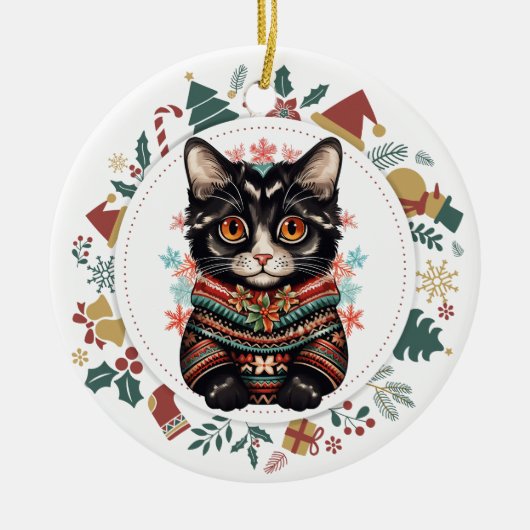Boho Black Cat im Winter Sweater Christmas Keramik Ornament (Vorne)