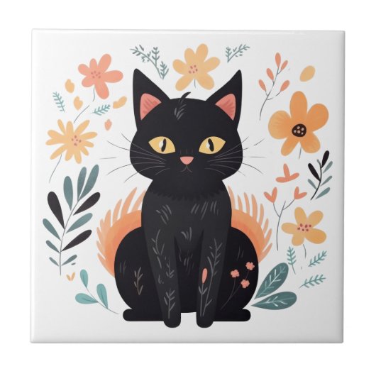 Boho Black Cat Skandinavien Folklore Art Fliese (Vorderseite)
