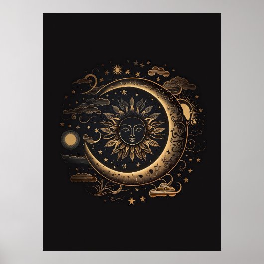 Boho Black Copper Sun und Moon Wall Art Poster (Vorne)