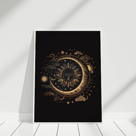 Boho Black Copper Sun und Moon Wall Art Poster
