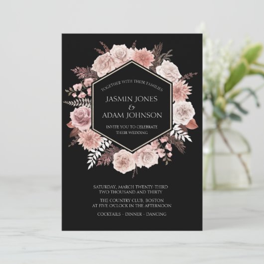 Boho Black Dusty Pink Getrocknete Blume Wreath Wed Einladung (Stehend Vorderseite)