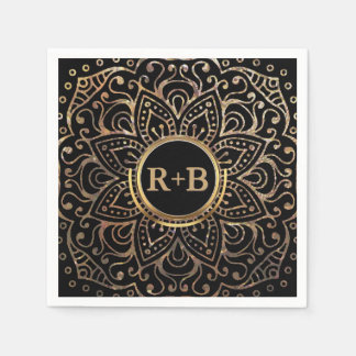 Boho Black Gold Foil Mandala Wedding Monogram Serviette