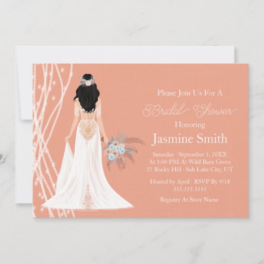 Boho Black Hair Bridge mit Perlen-Brautparty Einladung (Vorderseite)