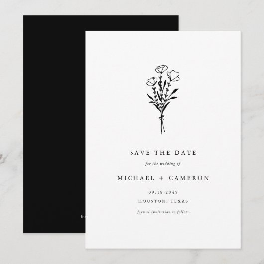 Boho Black Minimalistisch Botanical Bouquet Save The Date (Vorne/Hinten)
