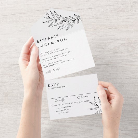 Boho Black Minimalistisch Foliage Wedding All In One Einladung (Abreißen)