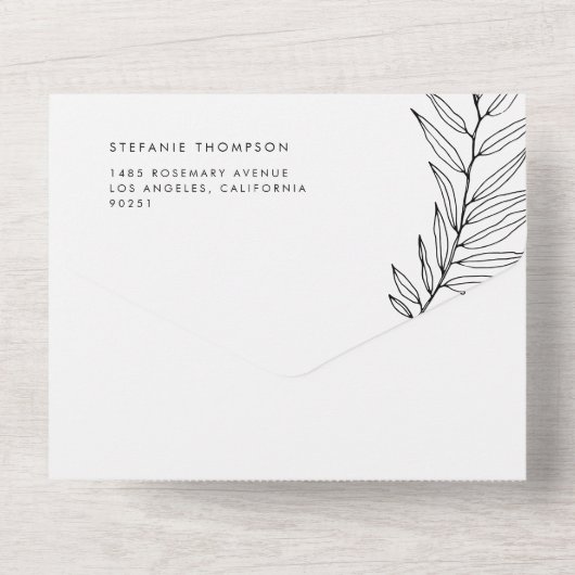 Boho Black Minimalistisch Foliage Wedding All In One Einladung (Rückseite)