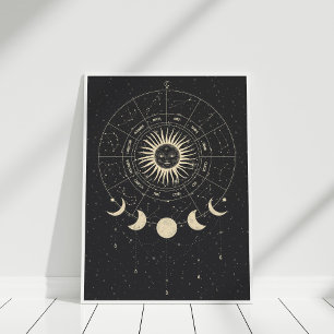 Boho Black und Beige Zodiac Moon Phases Poster