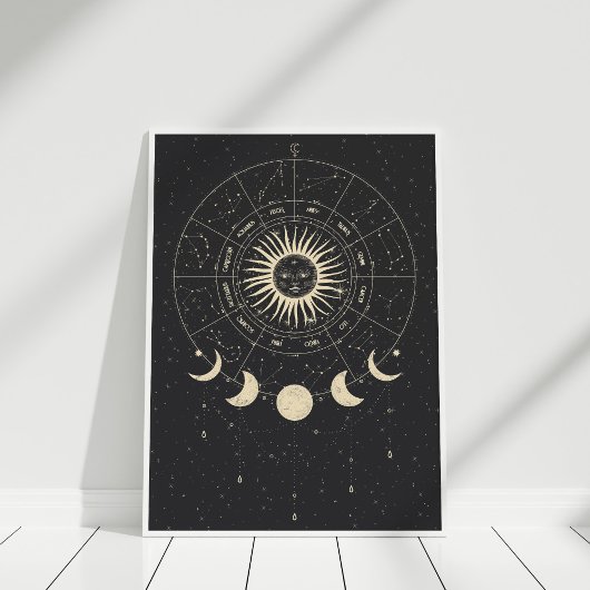 Boho Black und Beige Zodiac Moon Phases Poster