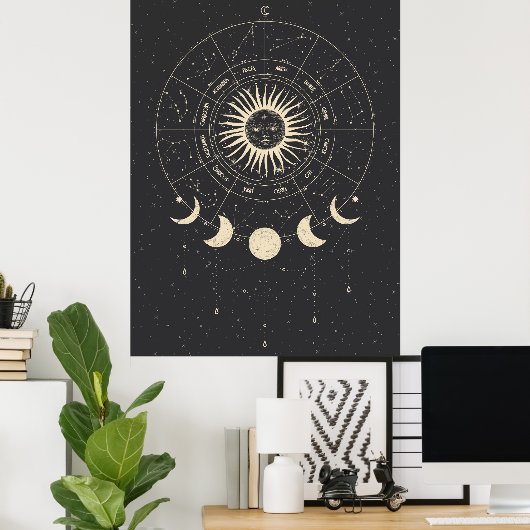 Boho Black und Beige Zodiac Moon Phases Poster (Heimbüro)