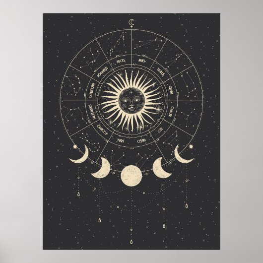 Boho Black und Beige Zodiac Moon Phases Poster (Vorne)