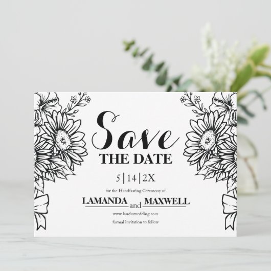 Boho Black & White Sunflower Bouquet Handfastet Save The Date (Stehend Vorderseite)