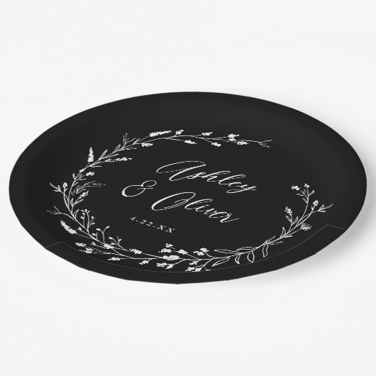 Boho Black Wildblume Botanische Hochzeit Pappteller (Schrägansicht)