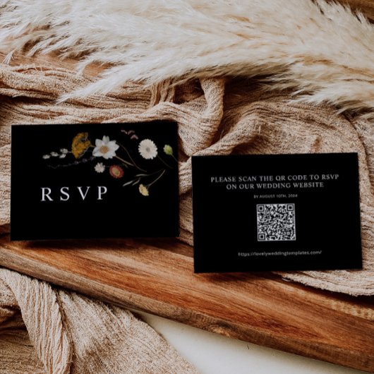 Boho Black Wildblume Wedding RSVP QR Code Card Mitteilungskarte