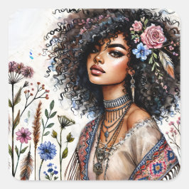 Boho Black Woman With Curly Hair Watercolor Quadratischer Aufkleber