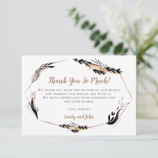 Boho Blätter & Feathers Gold Geometric/Ihr Foto Dankeskarte (Stehend Vorderseite)