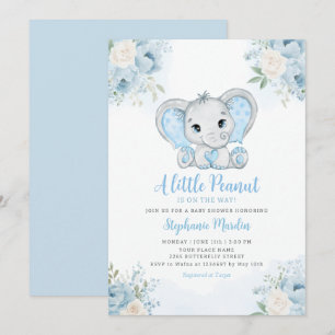Boho Blau Aquarell Jungen Elefant Baby Shower Einladung