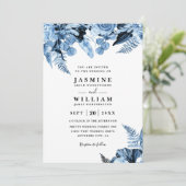 Boho-Blau-Blumen Elegante Moderne QR-Code-Hochzeit Einladung (Stehend Vorderseite)
