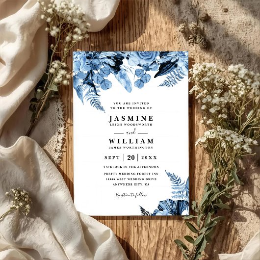 Boho-Blau-Blumen Elegante Moderne QR-Code-Hochzeit Einladung