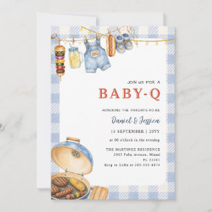 Boho Blau Gingham Baby Q BBQ Baby Shower-Einladung Einladung
