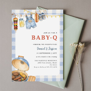 Boho Blau Gingham Baby Q BBQ Baby Shower-Einladung Einladung