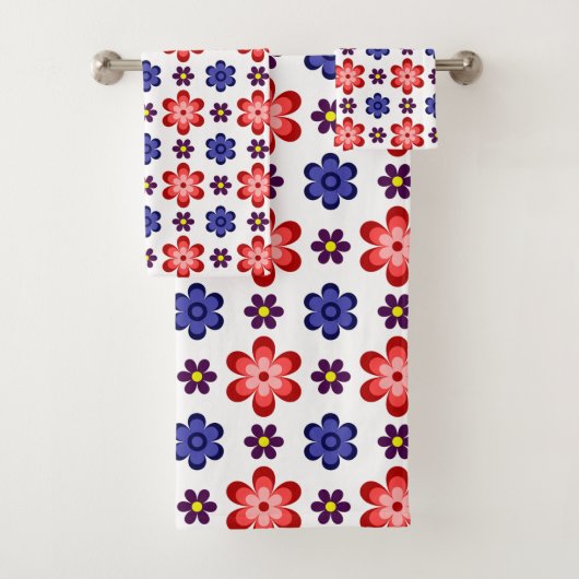 Boho Blau Lila Rote Blumen Badetuch-Set Badhandtuch Set (Insitu)