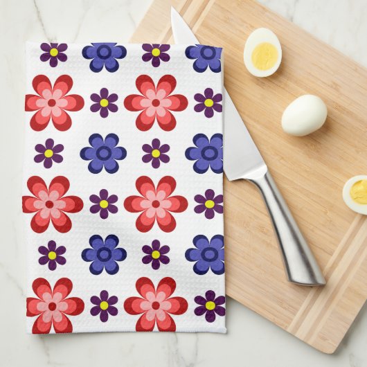 Boho Blau Lila Rote Blumen Küchentuch (Viertel Falte)