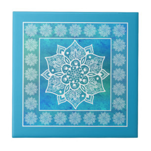 Boho blau türkisfarbenes Wasserfarben Mandala Bl Fliese