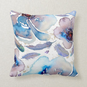 Boho Blau und Blush Moderne Florale Wasserfarben Kissen