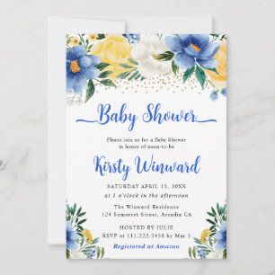 Boho Blau und Gelbe Sommerblumen Baby Shower Einladung