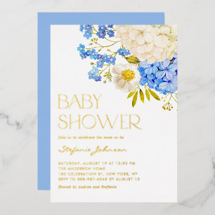 Boho Blau- und Weiße Hortensien-Baby-Party Folieneinladung