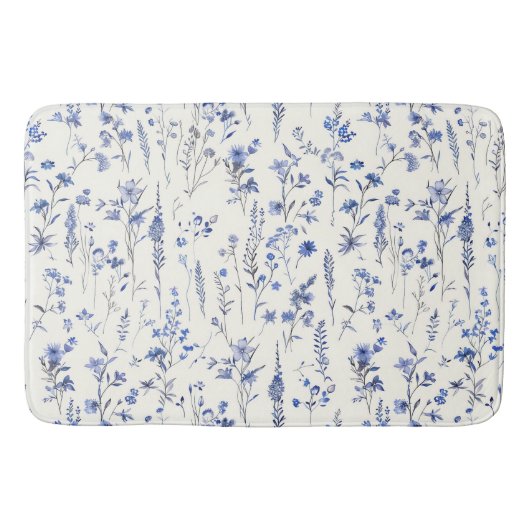 Boho Blau-weiße Wildblumen Badematte (Vorderseite)