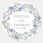 Boho Blaue Blumenkranz Hochzeit Runder Aufkleber (Vorderseite)