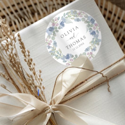 Boho Blaue Blumenkranz Hochzeit Runder Aufkleber