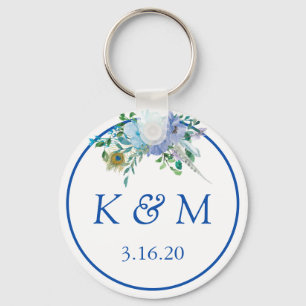 Boho blaue Blumenmonogramm-Gastgeschenk Hochzeit Schlüsselanhänger