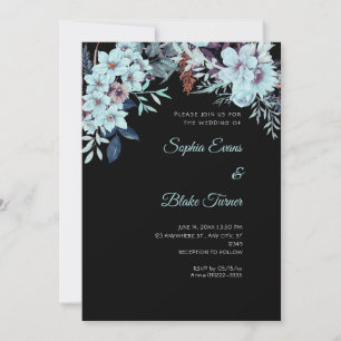 Boho Blaue Blumige Winter Schwarze Hochzeit Einladung