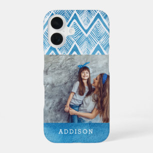 Boho Blaue Wasserfarbe Chevron Monogrammfoto iPhone 16 Hülle