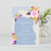 Boho blauer Bogen Junge Grüße Babydusche Einladung (Stehend Vorderseite)