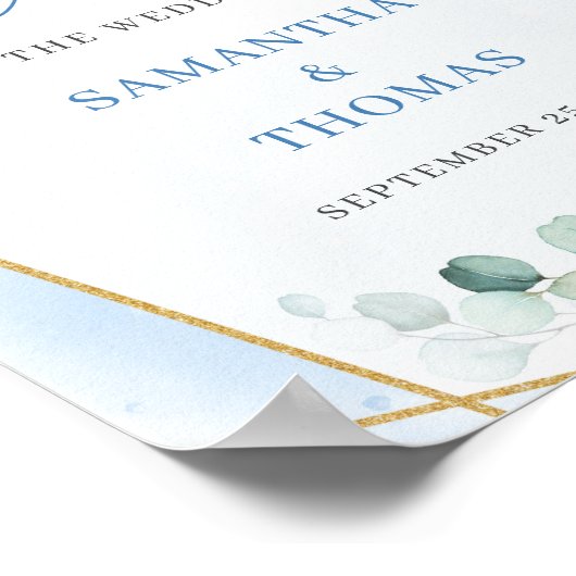 Boho blauer Eukalyptus Gold Hochzeitsempfang Poster (Ecke)