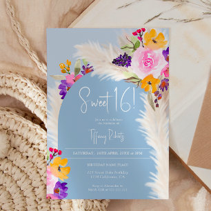 Boho blauer Pampas Wüstenbogen Sweet 16 Einladung
