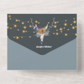 Boho bläulich-orange lila Saitenleuchten elegant All In One Einladung (Rückseite)