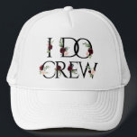 Boho Bling | Bachelorette Brautparty I Crew Truckerkappe<br><div class="desc">Rustikale Blumenschrift "I Do Crew": Rich bohenhafte, handbemalte bordeauxrote, rot-rot-rot-rot-blütenblaue Blumensträuße in Aquarellfarben auf klassischen schwarzen Schriftzügen, die mit botanischem Lorbeer und tiefblauen Akzenten geschmückt sind. Dieses prächtige Layout aus der Kollektion "Boho Bloom" besticht durch eine reiche Bohemische Wildblume mit strahlender Blume und Eukalyptusblüte. Für andere Farben oder passende Produkte,...</div>