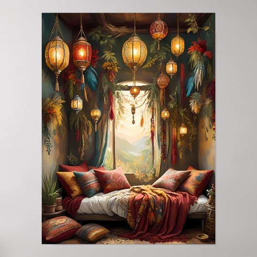 Boho Bliss - Ästhetisch Bohemisches Schlafzimmer Poster (Vorne)