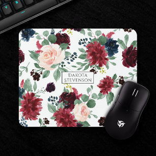 Boho Bloom   Bugundy Red and Navy Blue Custom Mousepad