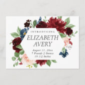 Boho Bloom | Bugundy Red and Navy Blue Foto Birth Ankündigung (Vorderseite)