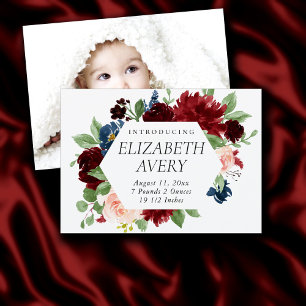 Boho Bloom   Bugundy Red and Navy Blue Foto Birth Ankündigung