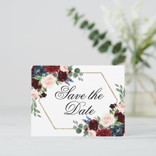Boho Bloom | Burgund Rot und Marine Save the Date Postkarte (Stehend Vorderseite)
