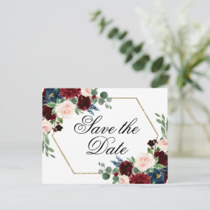 Boho Bloom Burgund Rot und Marine Save the Date Postkarte