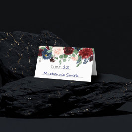 Boho Bloom | Burgund Rot und Rustikale Marinegarla Platzkarte